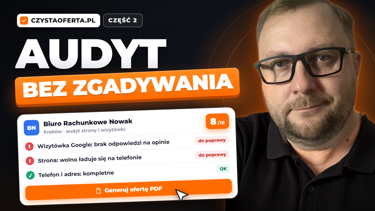Robert Gęsiarz i wynik audytu strony i wizytówki Google w aplikacji czystaoferta.pl