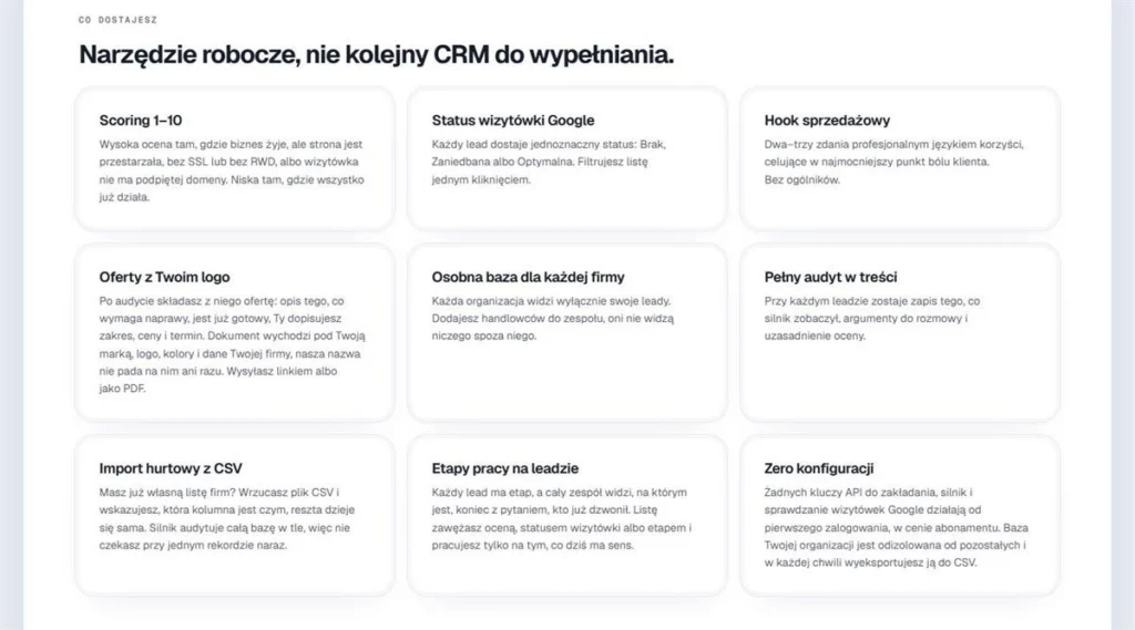 Funkcje platformy Czysta Oferta: scoring, status wizytówki, hook sprzedażowy, oferty z logo, import CSV