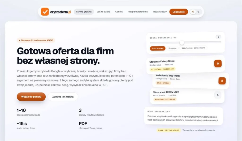 Strona główna czystaoferta.pl z podglądem panelu: lista firm z oceną potencjału i statusem wizytówki Google